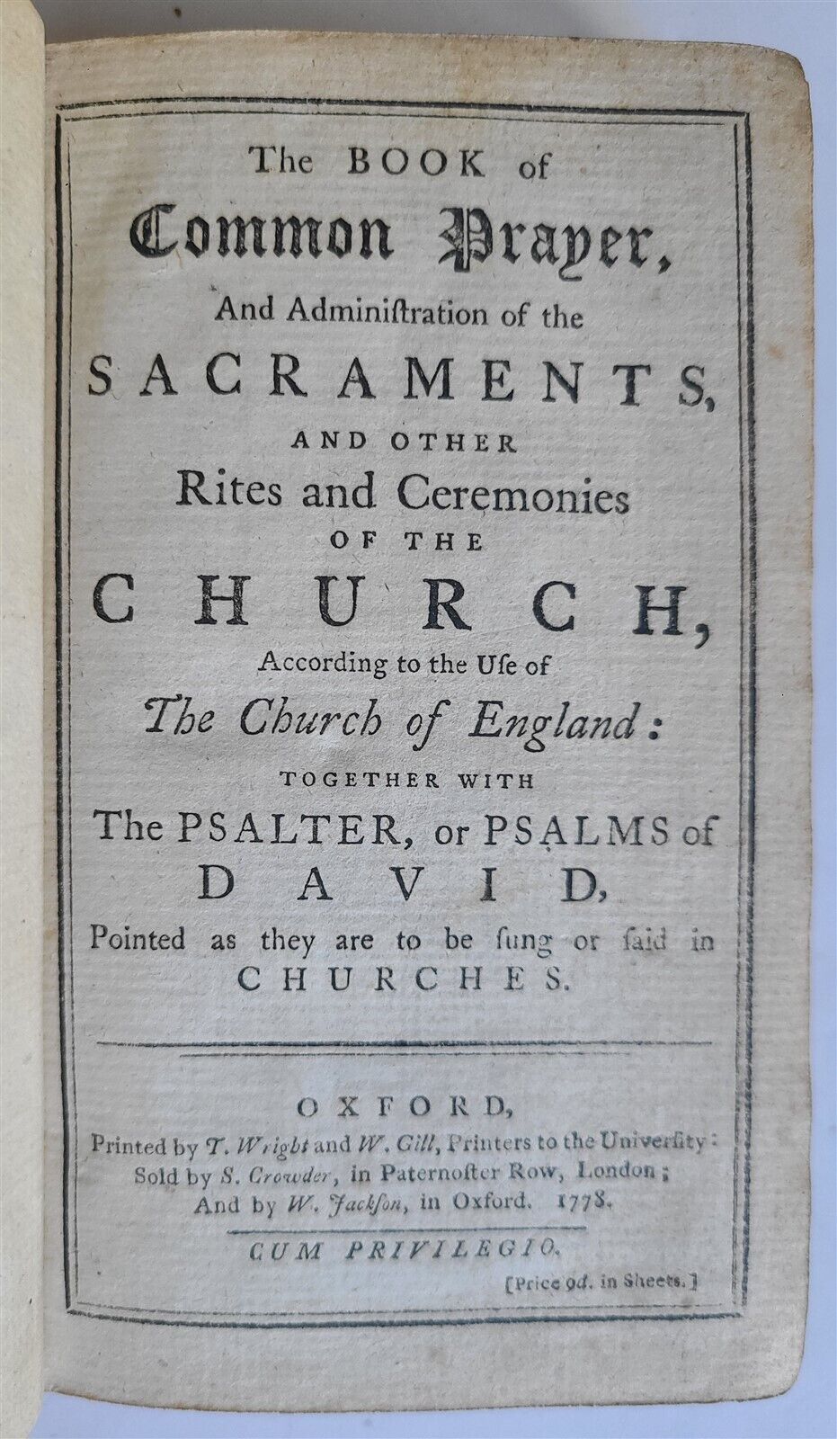 1778 BOOK OF COMMON PRAYER & PSALTER ENGLISH ANTIQUE Oxford ORIGINAL BINDING