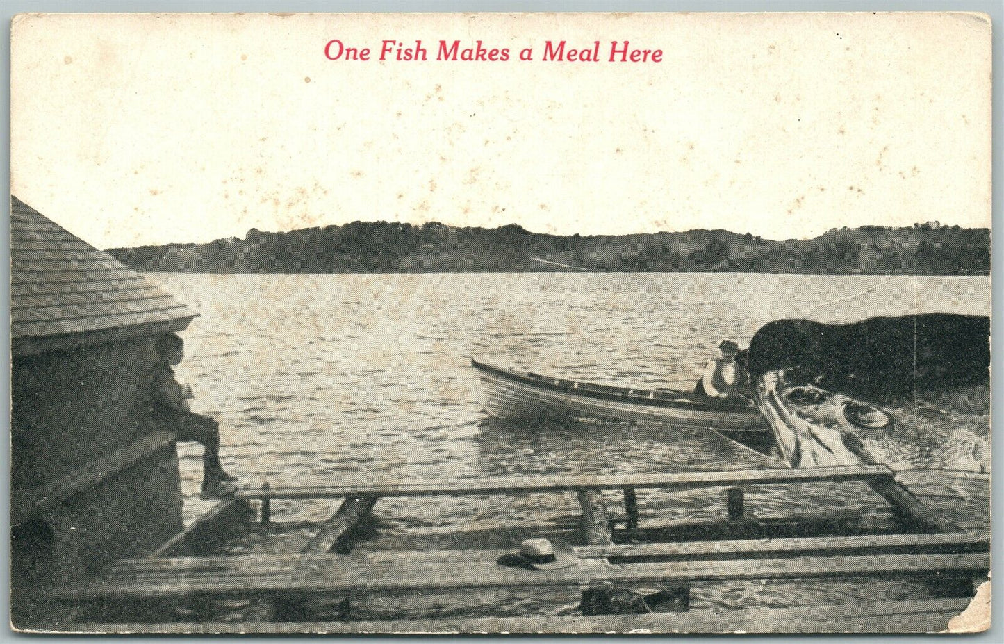 EXAGGERATED FISHING ANTIQUE POSTCARD FISH MAKES A MEAL HERE