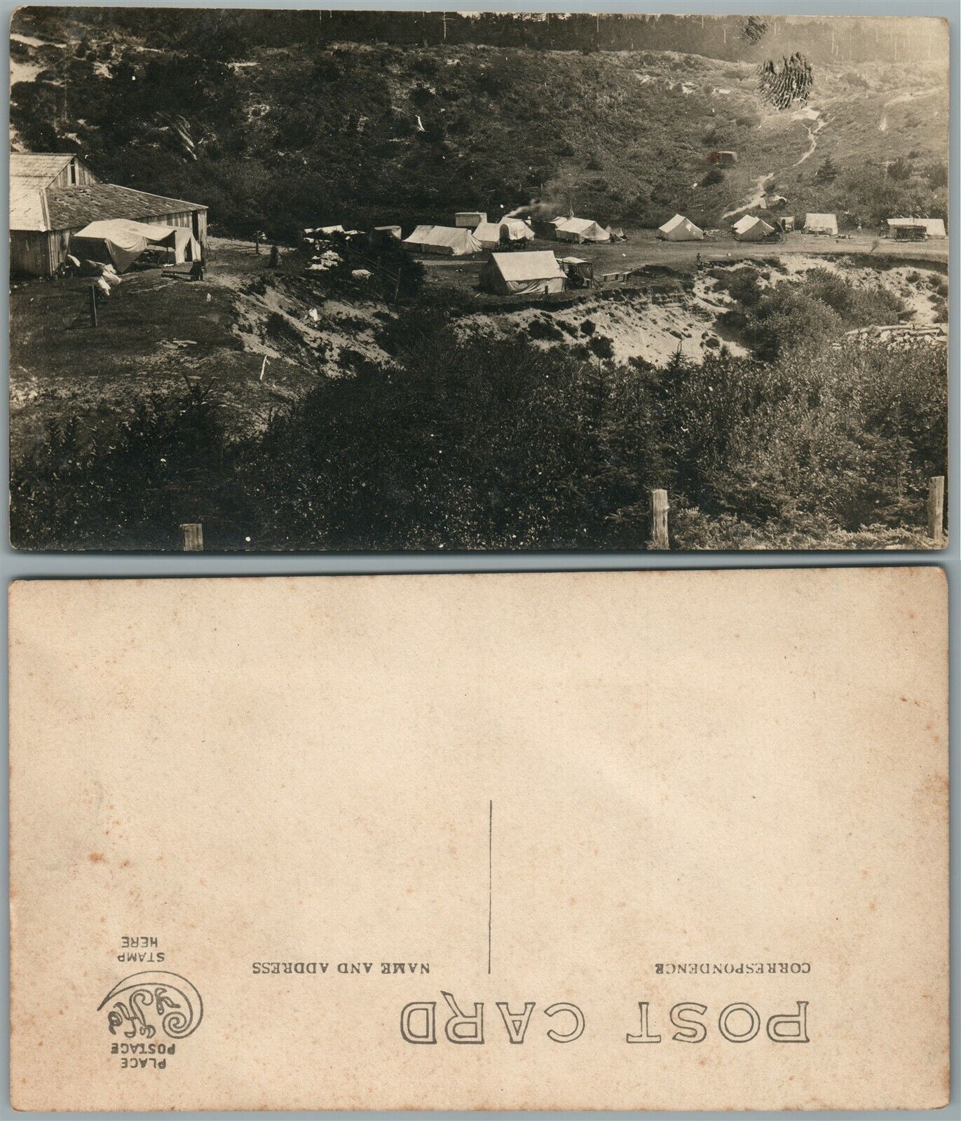 CAMP w/ OLD AUTOS & U.S. FLAG ANTIQUE REAL PHOTO POSTCARD RPPC