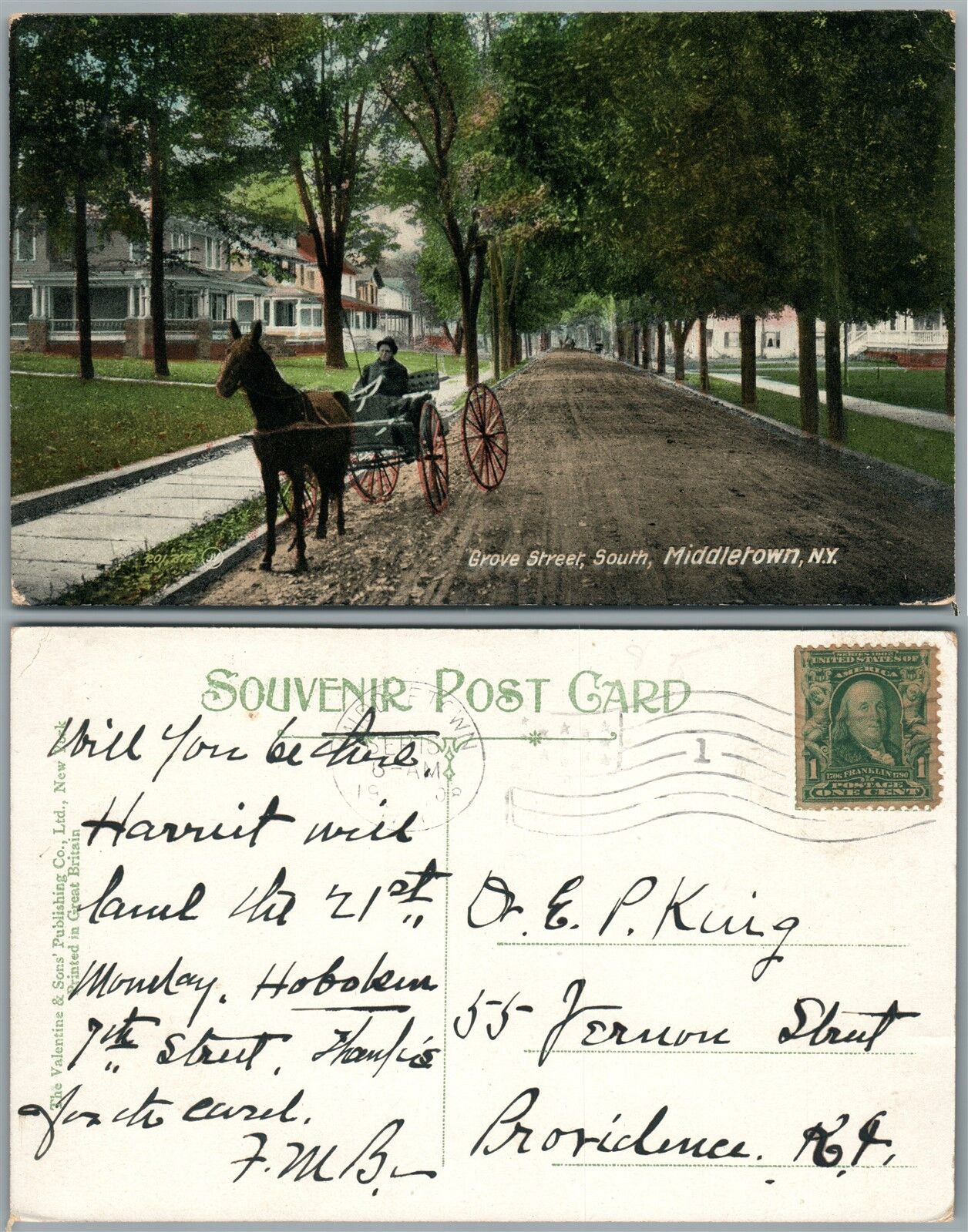 MIDDLETOWN N.Y. GROVE STREET 1908 ANTIQUE POSTCARD