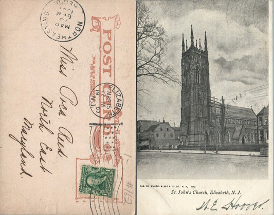 ANTIQUE 1907 UNDIVIDED POSTCARD ST.JOHN'S CHURCH ELIZABETH N.J.