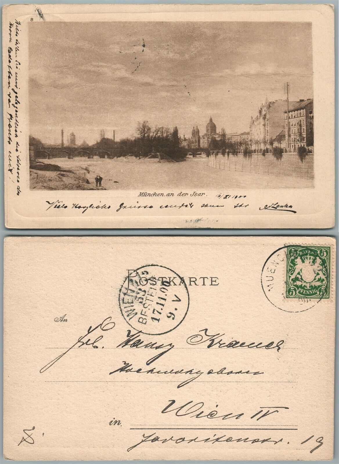 MUNCHEN AN DER JSAR GERMAN 1900 ANTIQUE POSTCARD w/ BAVARIAN STAMP