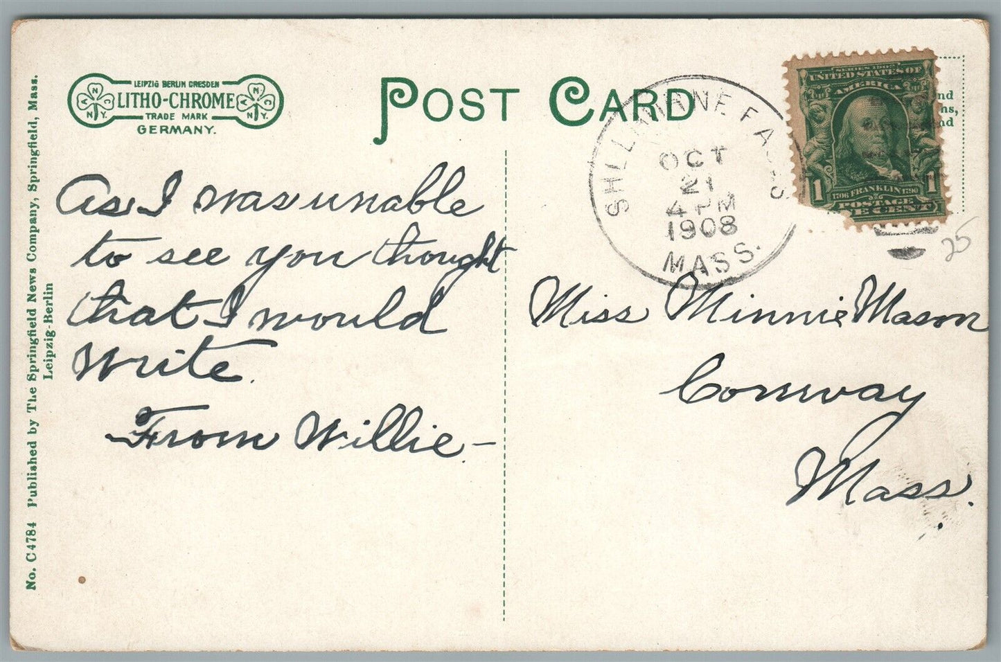 SHELBURNE FALLS MA BRIDGE STREET 1908 ANTIQUE POSTCARD