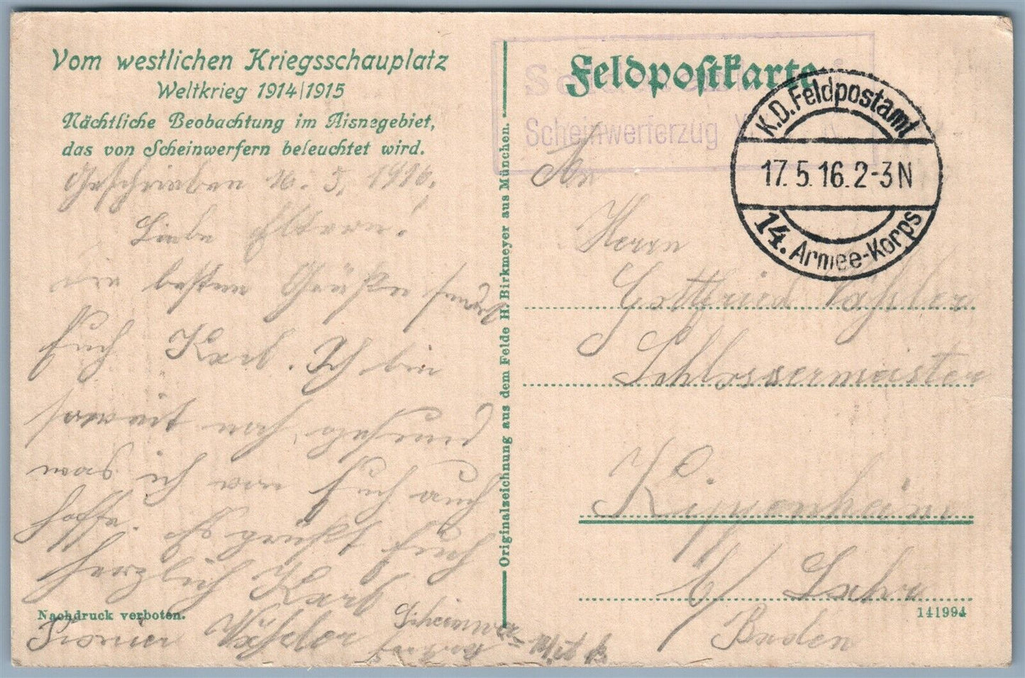 GERMAN WWI FELDPOSTKARTE 1916 ANTIQUE ARTISTIC POSTCARD