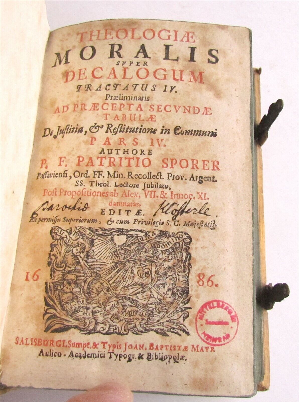 1686 Theologiae Moralis by SPORER antique BLINDSTAMPED PIGSKIN 17 CENTURY Vol IV