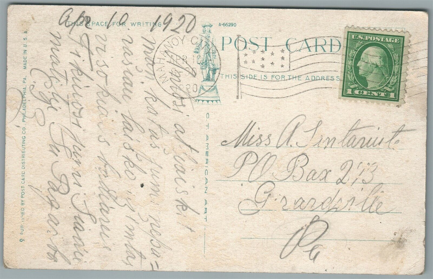 POTTSVILLE PA M.E. CHURCH 1920 ANTIQUE POSTCARD