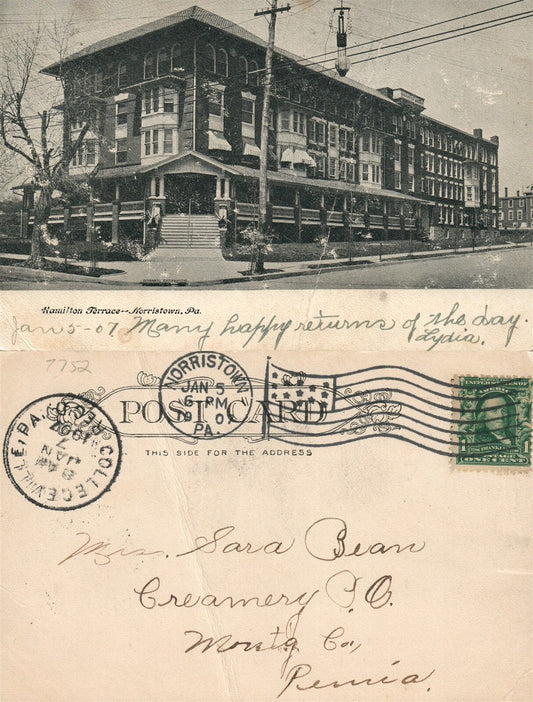 NORRISTOWN PA HAMILTON TERRACE HOTEL 1907 UNDIVIDED ANTIQUE POSTCARD