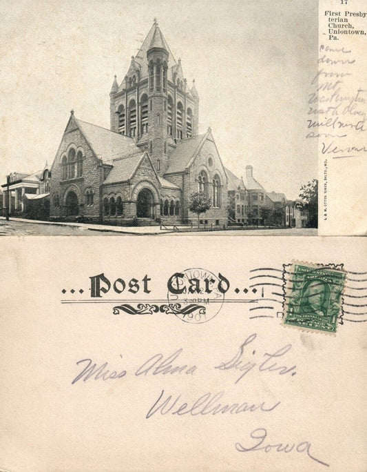 FIRST PRESBYTERIAN CHURCH UNIONTOWN PA 1907 ANTIQUE POSTCARD