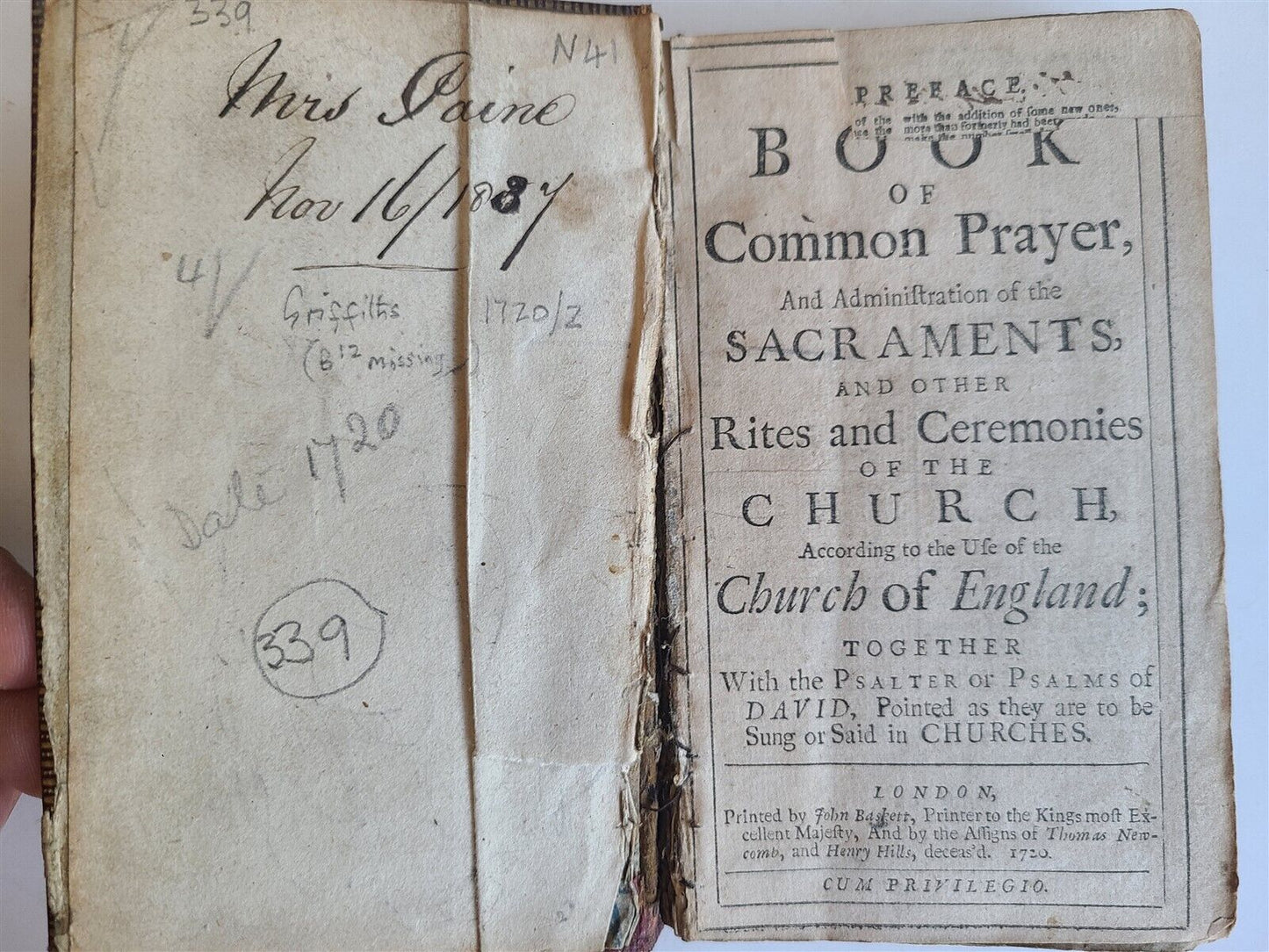 1720 BOOK OF COMMON PRAYER & PSALTER ENGLISH ANTIQUE London ORIGINAL BINDING