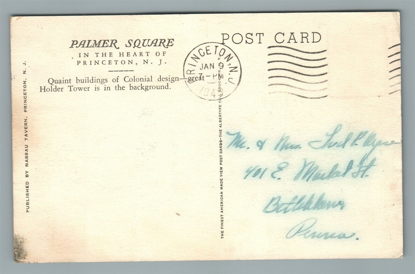 PRINCETON NJ PALMER SQUARE VINTAGE POSTCARD