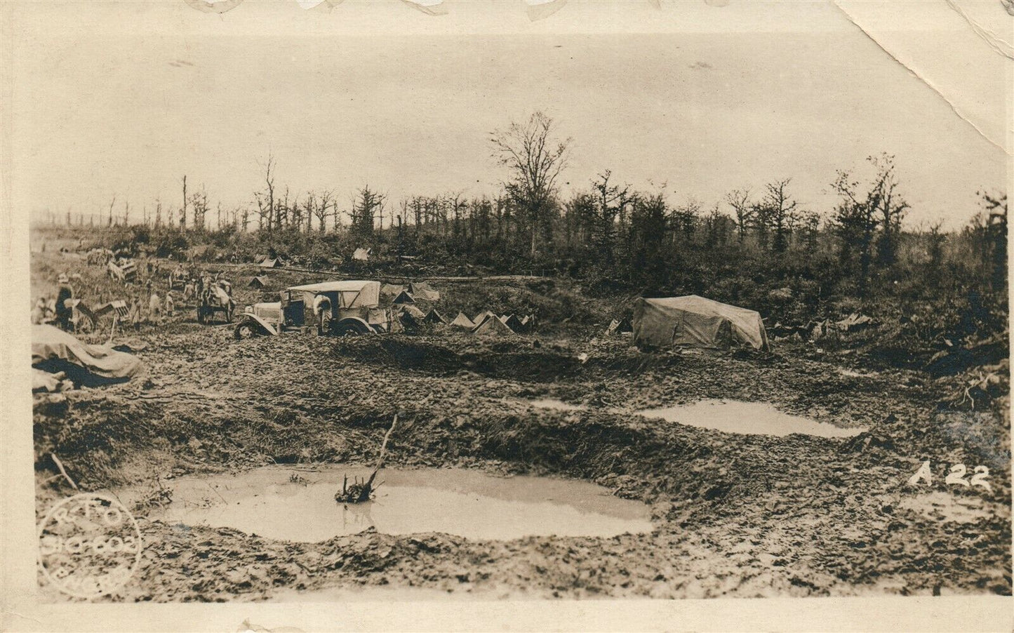 AFTER THE FIGHT WWI ERA ANTIQUE REAL PHOTO POSTCARD RPPC destroyed car