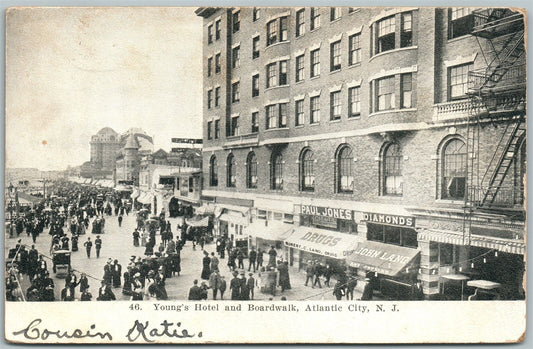ATLANTIC CITY NJ YOUNG'S HOTEL & BOARDWALK 1907 ANTIQUE POSTCARD