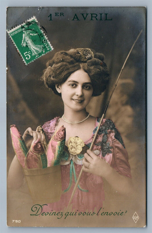 APRIL FOOLS' DAY FRENCH ANTIQUE REAL PHOTO POSTCARD RPPC LADY w/ FISH BUCKET