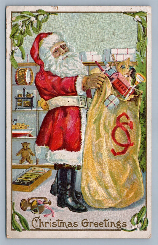 SANTA w/ GIFTS BAG CHRISTMAS GREETINGS EMBOSSED ANTIQUE POSTCARD