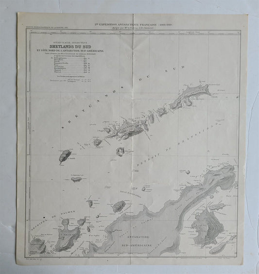 1925 MAP of EXPEDITION ANTARCTIQUE FRANCAISE SHETLANDS DE SUD antique