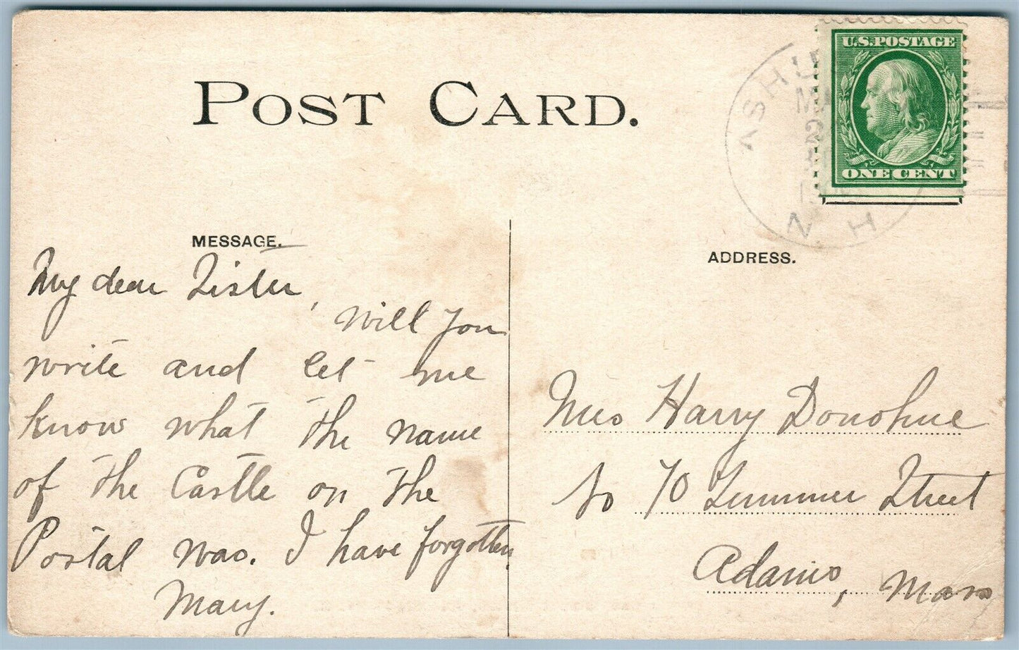 ASHUELOT NH SHERIDAN WOOLEN MILL ANTIQUE POSTCARD