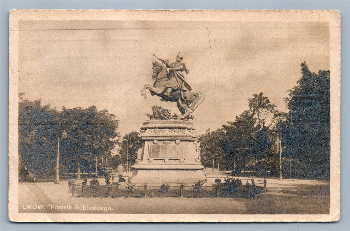 LWOW POLAND UKRAINE SOBIESKI MONUMENT ANTIQUE REAL PHOTO POSTCARD RPPC