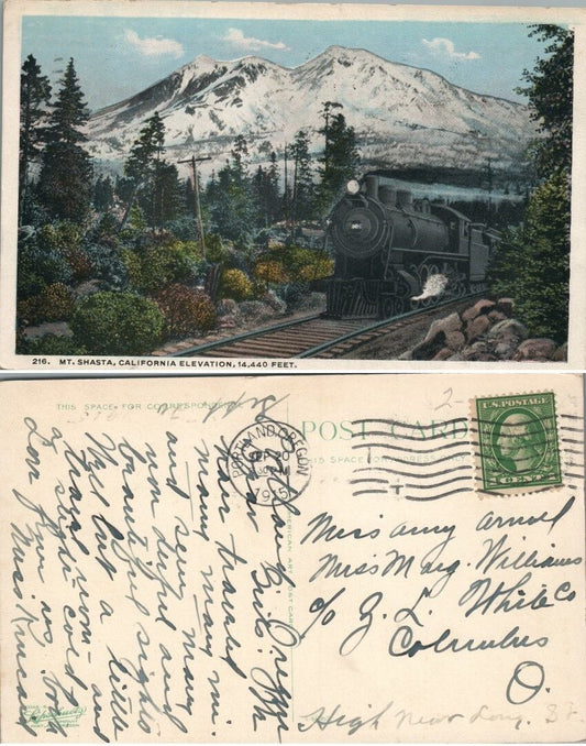 MT.SHASTA CALIFORNIA ELEVATION ANTIQUE 1915 POSTCARD railroad railway train