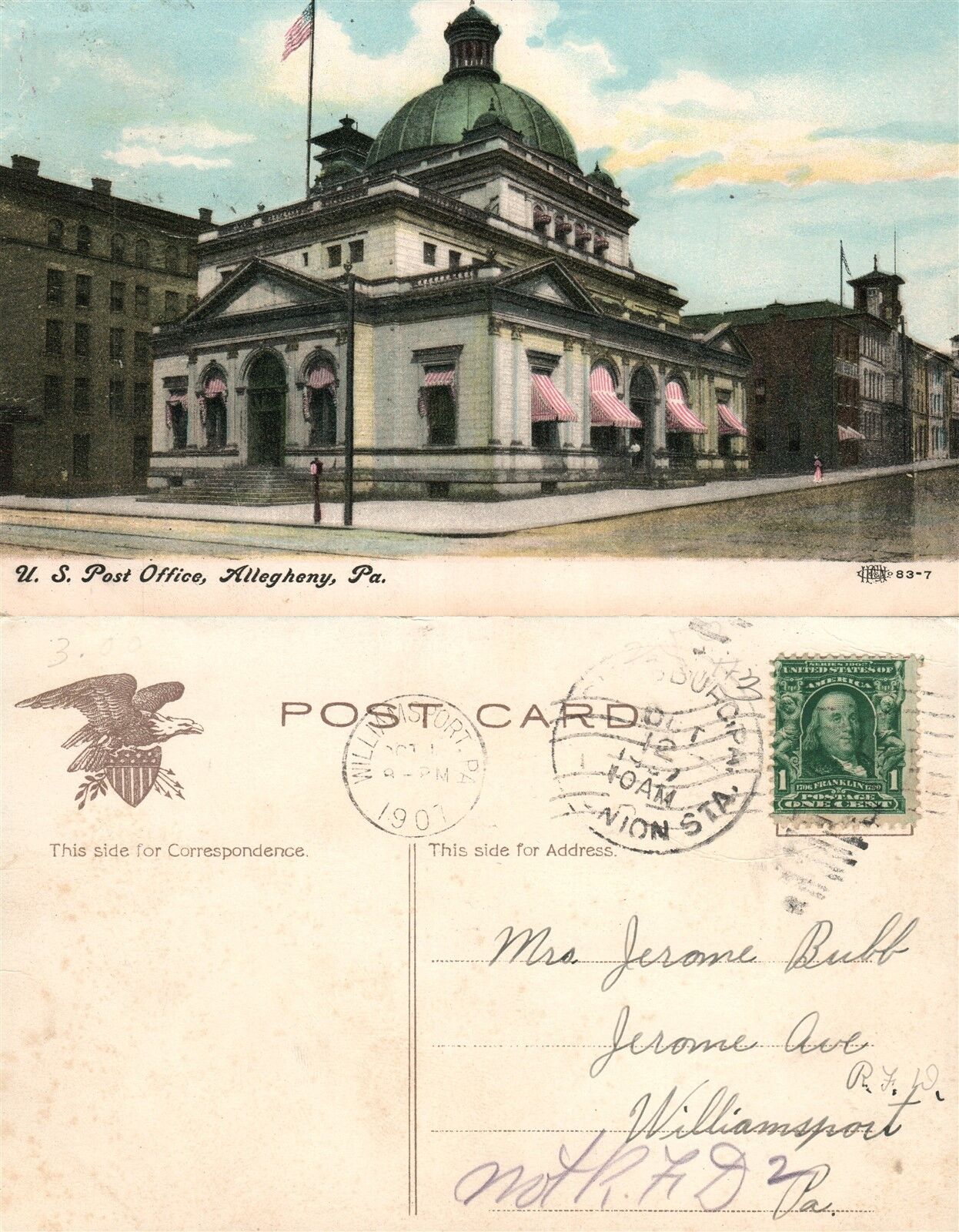 ALLEGHENY PA U.S. POST OFFICE 1907 ANTIQUE POSTCARD w/ CORK CANCEL