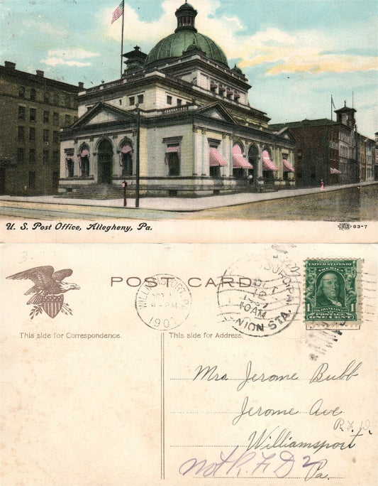 ALLEGHENY PA U.S. POST OFFICE 1907 ANTIQUE POSTCARD w/ CORK CANCEL