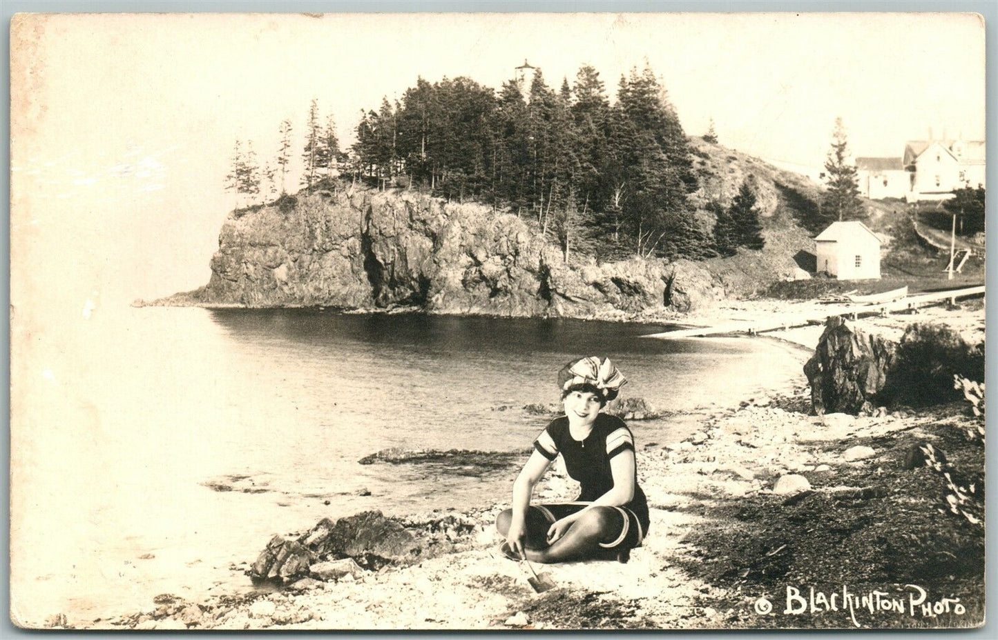 BATHING GIRL ANTIQUE REAL PHOTO POSTCARD RPPC PHOTOMONTAGE