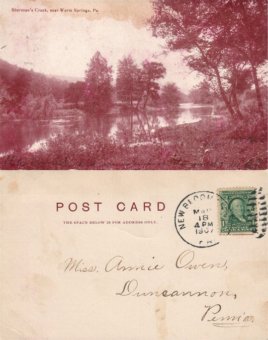 WARM SPRINGS PA SHERMSN'S CREEK 1907 ANTIQUE POSTCARD w/ CORK CANCEL