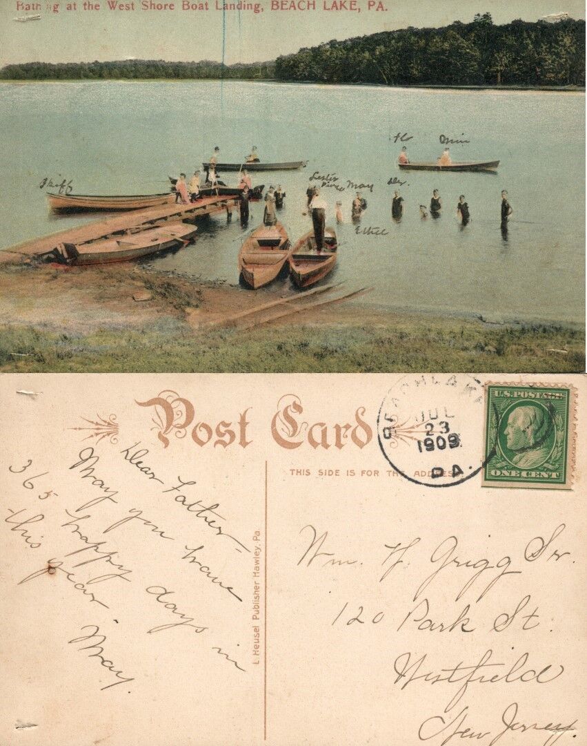 BEACH LAKE PA WAYNE CO. WEST SHORE BOAT LANDING BATHING 1909 ANTIQUE POSTCARD
