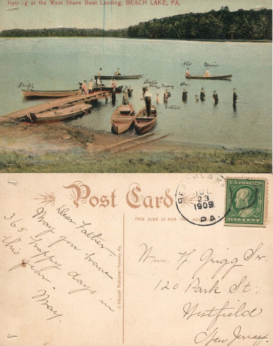 BEACH LAKE PA WAYNE CO. WEST SHORE BOAT LANDING BATHING 1909 ANTIQUE POSTCARD