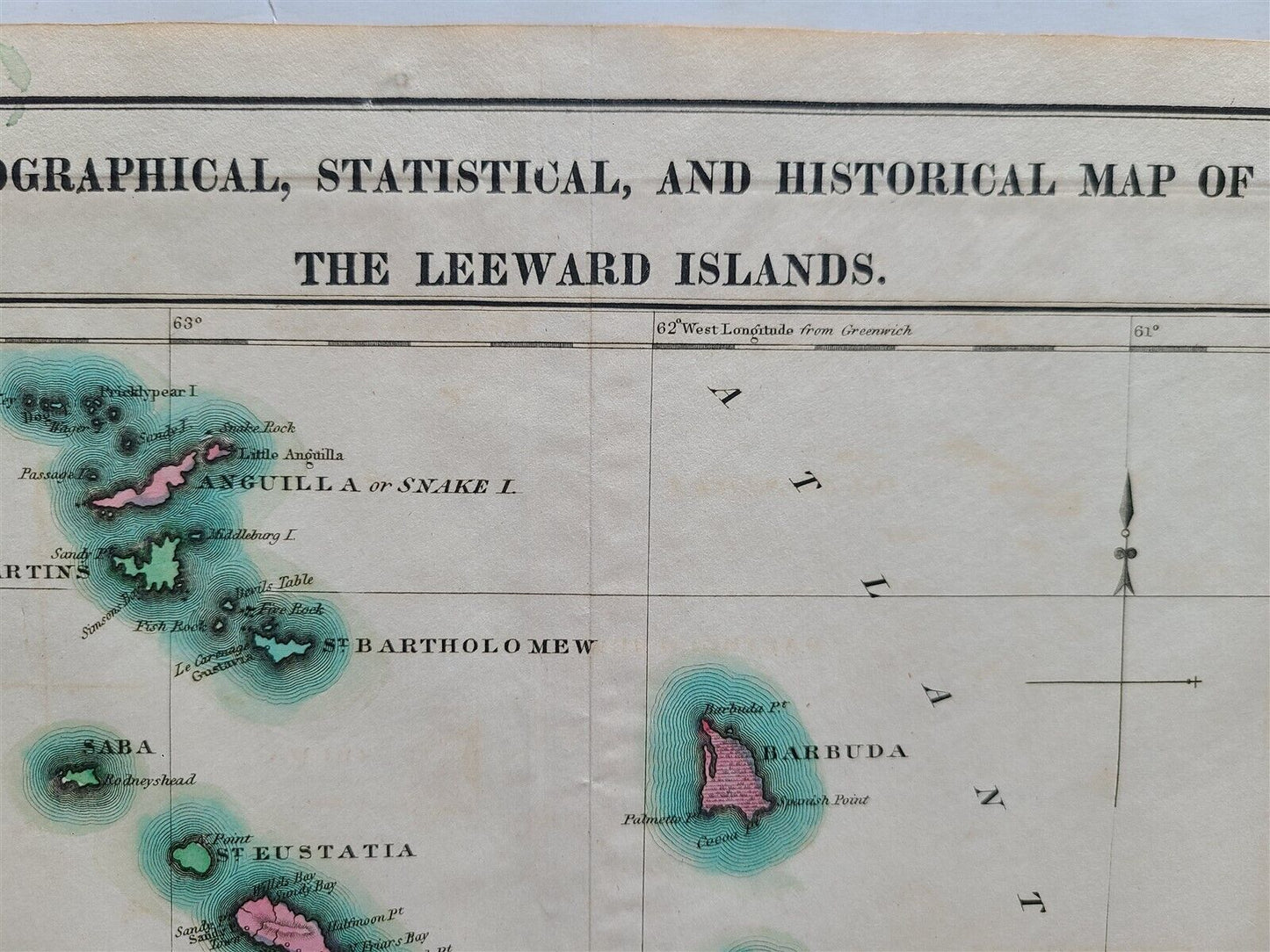 1822 MAP of LEEWARD ISLANDS GEOGRAPHICAL STATISTICAL HISTORICAL antique 17.5x22"