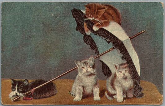 CATS UNDER UMBRELLA ANTIQUE POSTCARD