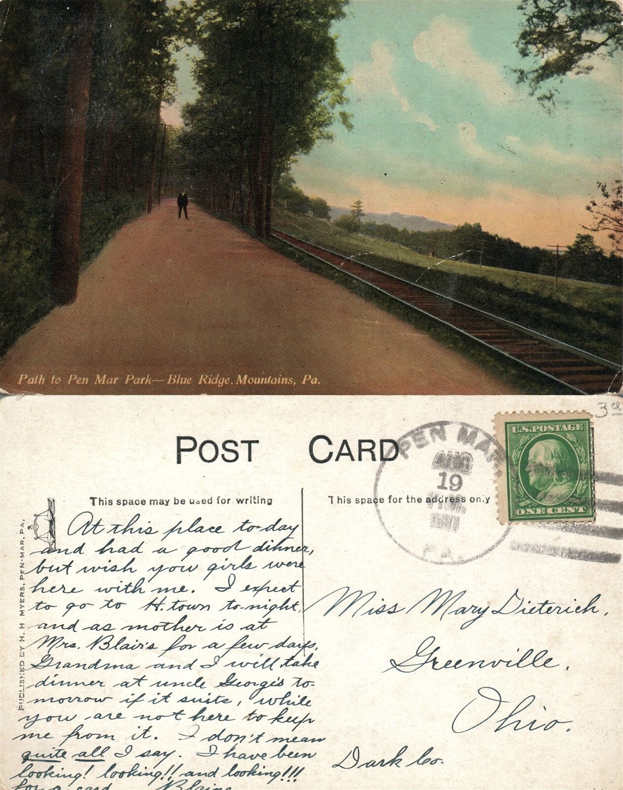 BLUE RIDGE MOUNTAINS PA PATH TO PEN MAR PARK 1911 ANTIQUE POSTCARD