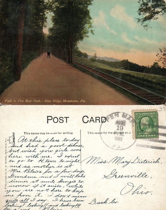 BLUE RIDGE MOUNTAINS PA PATH TO PEN MAR PARK 1911 ANTIQUE POSTCARD