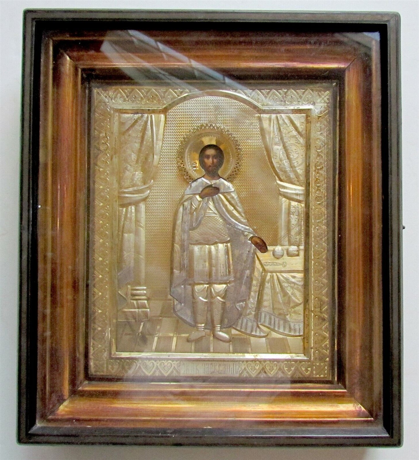 RUSSIAN ICON of ST. ALEXANDER NEVSKY w/ SILVER OKLD & KIOT ANTIQUE HAND PAINTED