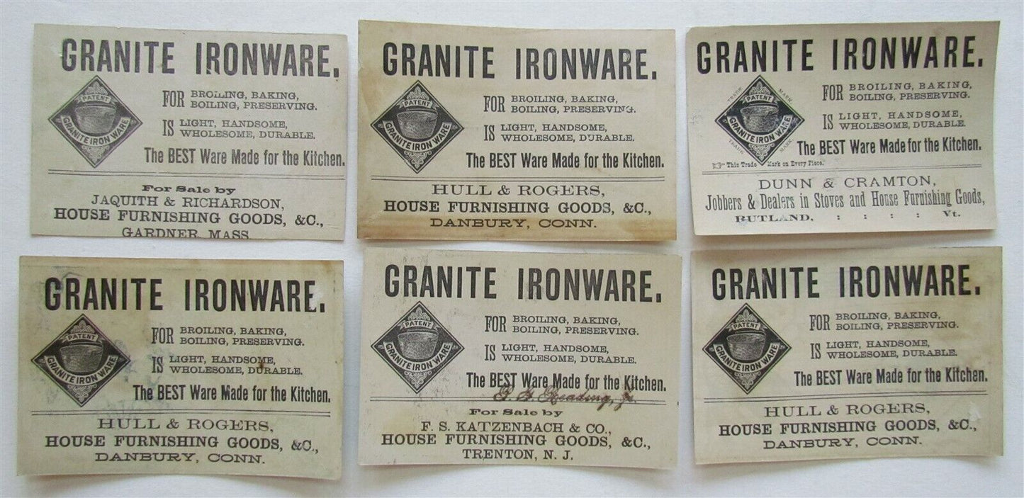 GRANITE IRONWARE ADVERTISING set of 6 ANTIQUE VICTORIAN TRADE CARDS