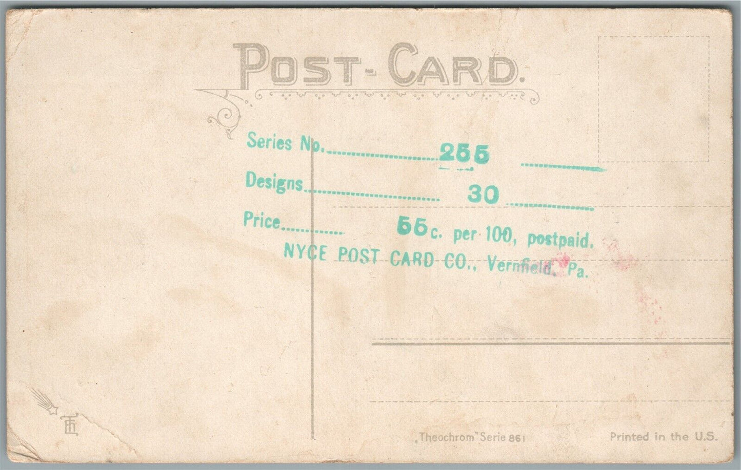 VERNFIELD PA NYCE POST CARD CO. ADVERTISING ANTIQUE POSTCARD