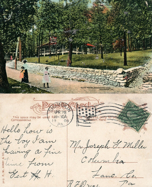 SHAMOKIN PA CLUB HOUSE EDGEWOOD PARK 1908 ANTIQUE POSTCARD