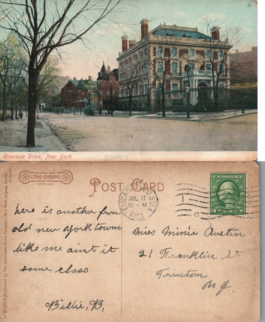 RIVERSIDE DRIVE NEW YORK N.Y. 1913 ANTIQUE POSTCARD