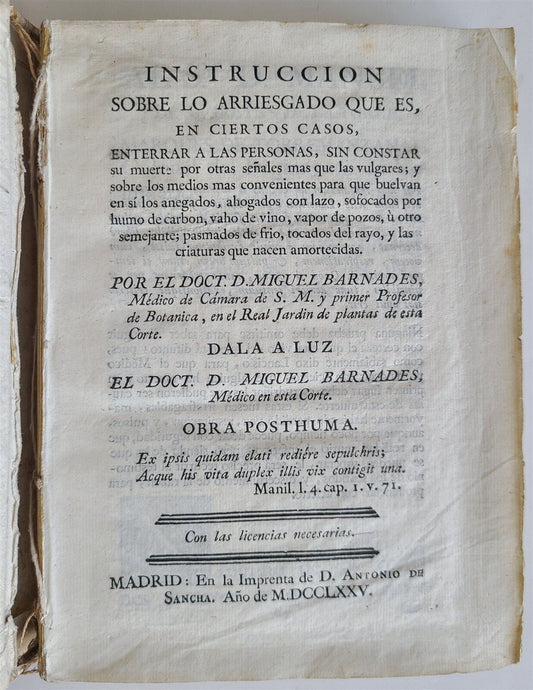 1775 MEDICAL TREATISE on DEATH RESUSCITATION PREMATURE BURIAL AUTOPSY antique