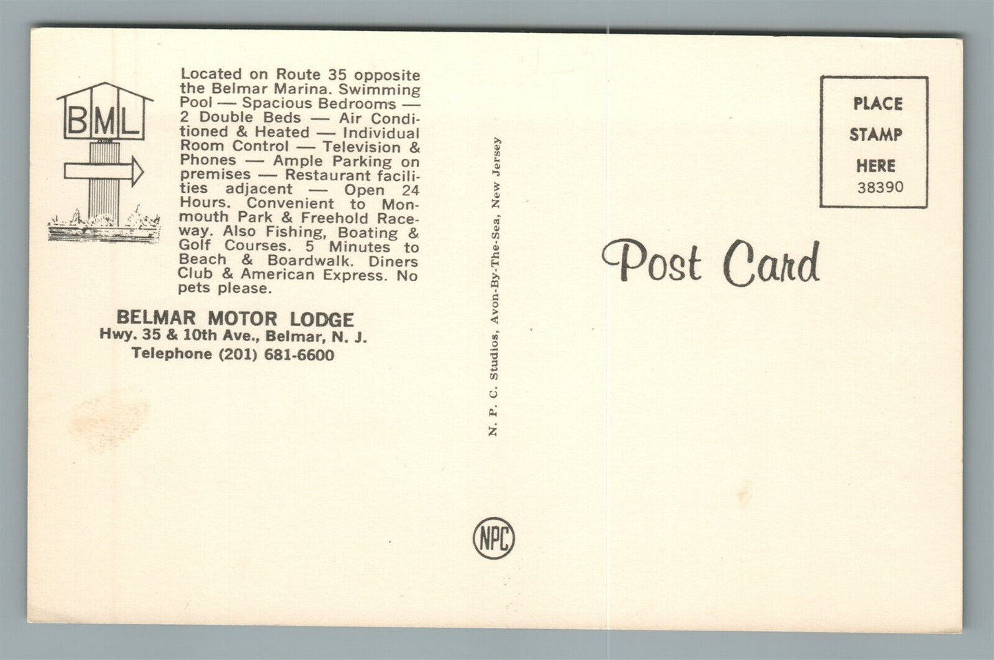 BELMAR NJ MOTOR LODGE VINTAGE POSTCARD