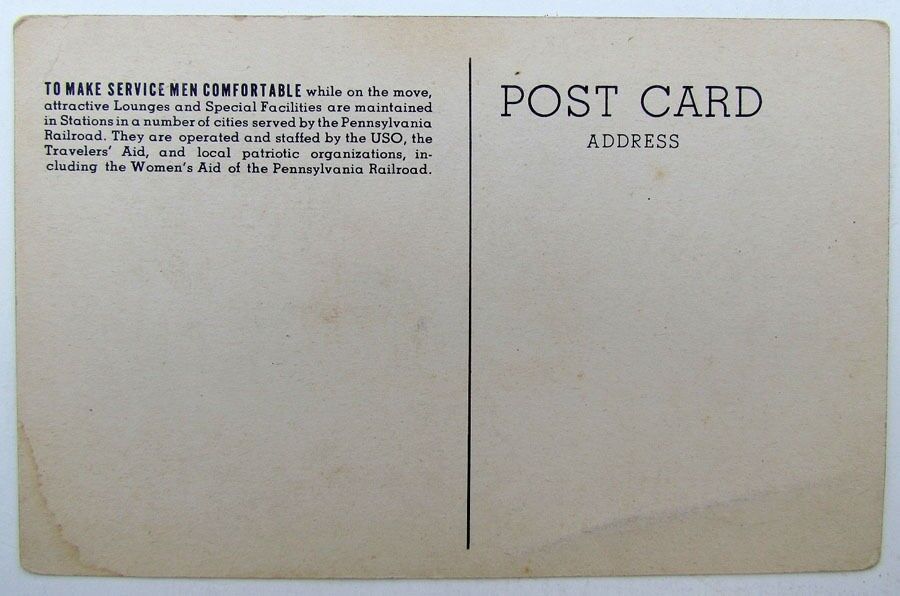 VINTAGE POSTCARD PENNSYLVANIA RAILROAD USO LOUNGES TRAVEL AID train railway