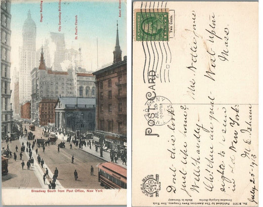 BROADWAY SOUTH FROM POST OFFICE NEW YORK N.Y. ANTIQUE 1913 POSTCARD