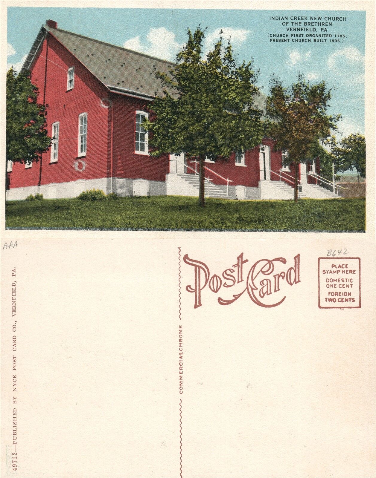 VERNFIELD PA INDIAN CREEK NEW CHURCH OF BRETHREN ANTIQUE POSTCARD