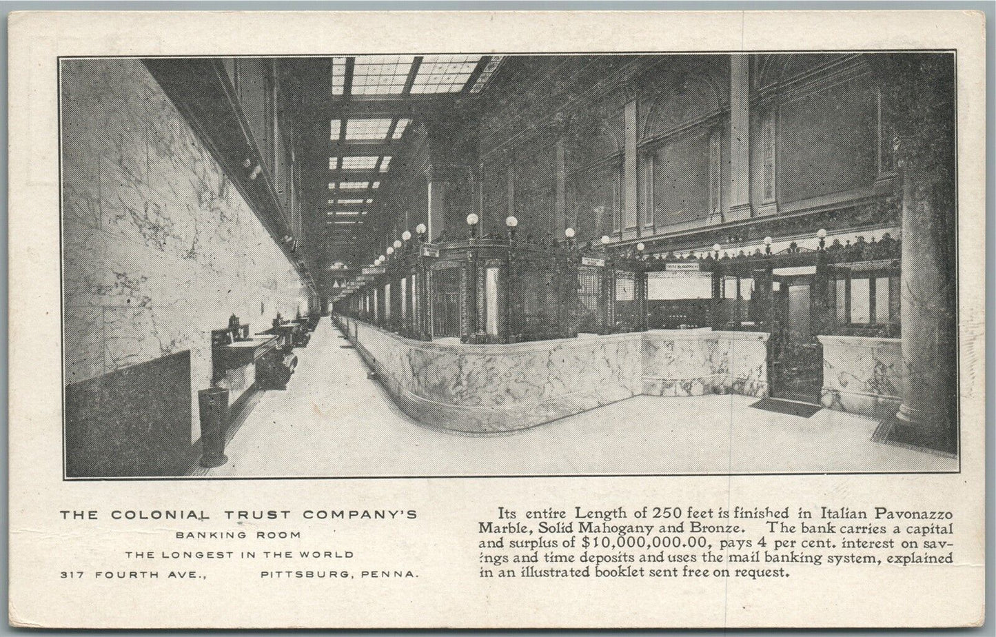 PITTSBURG PA COLONIAL TRUST CO'S BANKING ROOM ANTIQUE POSTCARD