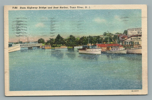 TOM'S RIVER NJ STATE HWY BRIDGE & BOART HARBOR VINTAGE POSTCARD
