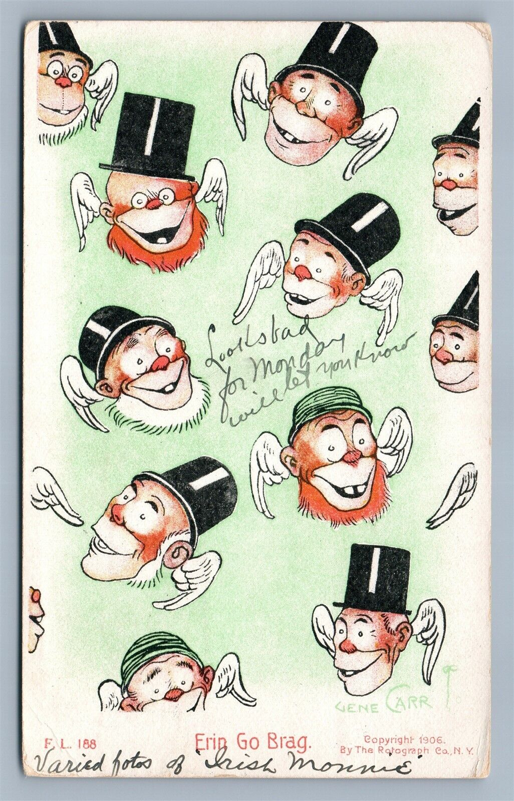 ARTIST SIGNED by GENE CARR ANTIQUE POSTCARD MONKEY FACES