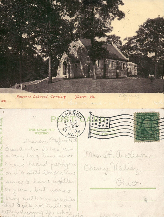 SHARON PA OAKWOOD CEMETERY 1908 ANTIQUE POSTCARD