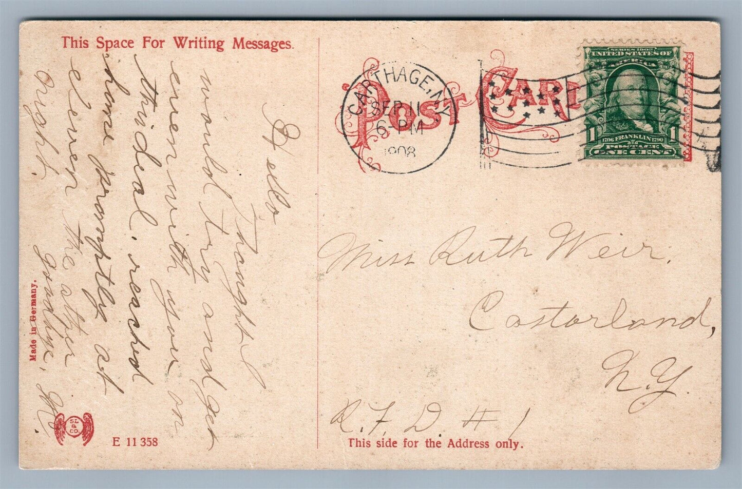 CARTHAGE NY HIGH SCHOOL 1908 ANTIQUE POSTCARD
