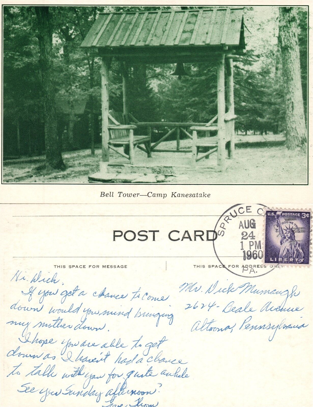 CAMP KANESATAKE PA BELL TOWER 1960 VINTAGE POSTCARD