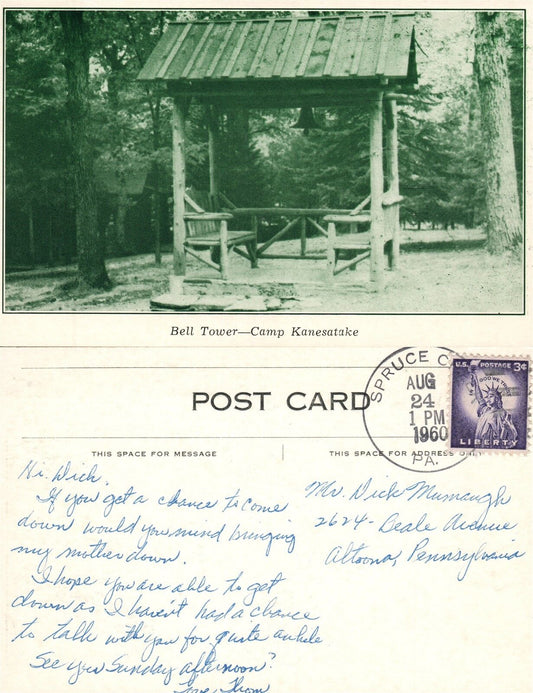CAMP KANESATAKE PA BELL TOWER 1960 VINTAGE POSTCARD
