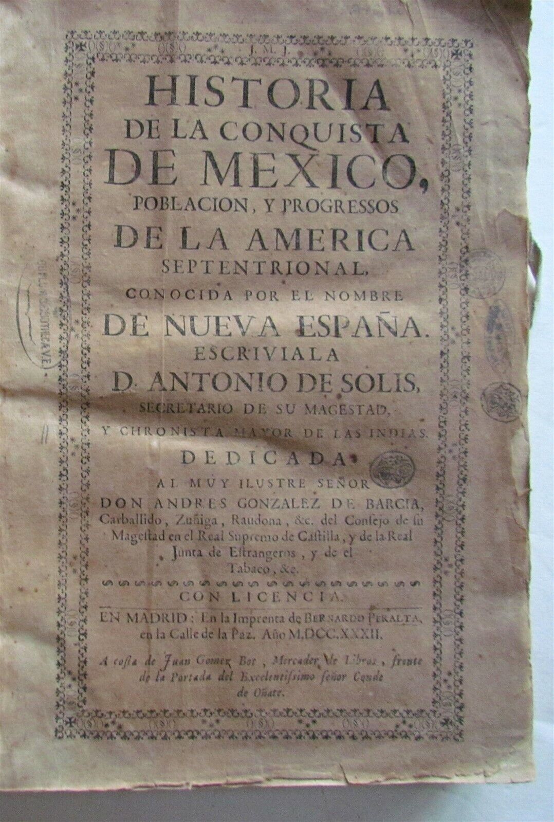 1732 HISTORY of CONQUEST of MEXICO in SPANISH VELLUM BINDING antique FOLIO